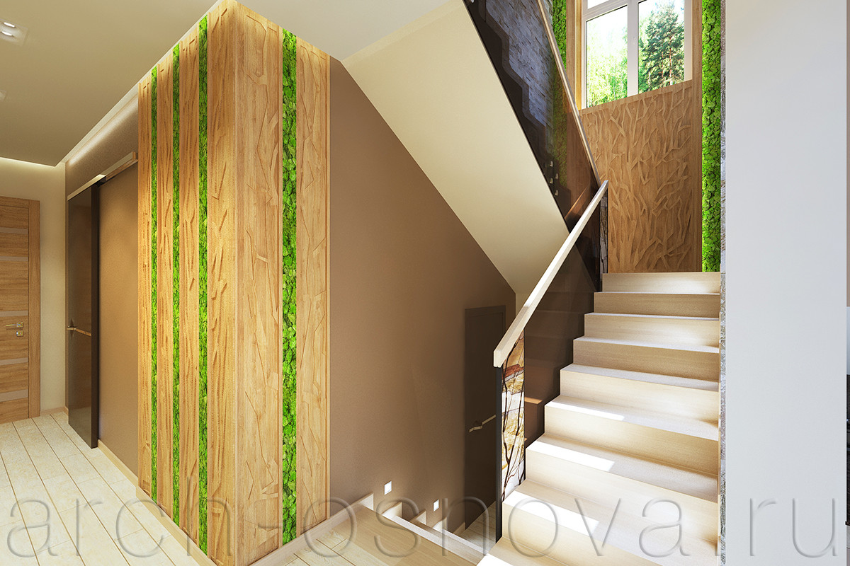 Природная тематика декоративных художественных витражей в лестничном ограждении поддерживается резными деревянными панелями, обрамляющими лестничное окно и образующими панно с натуральным мхом.