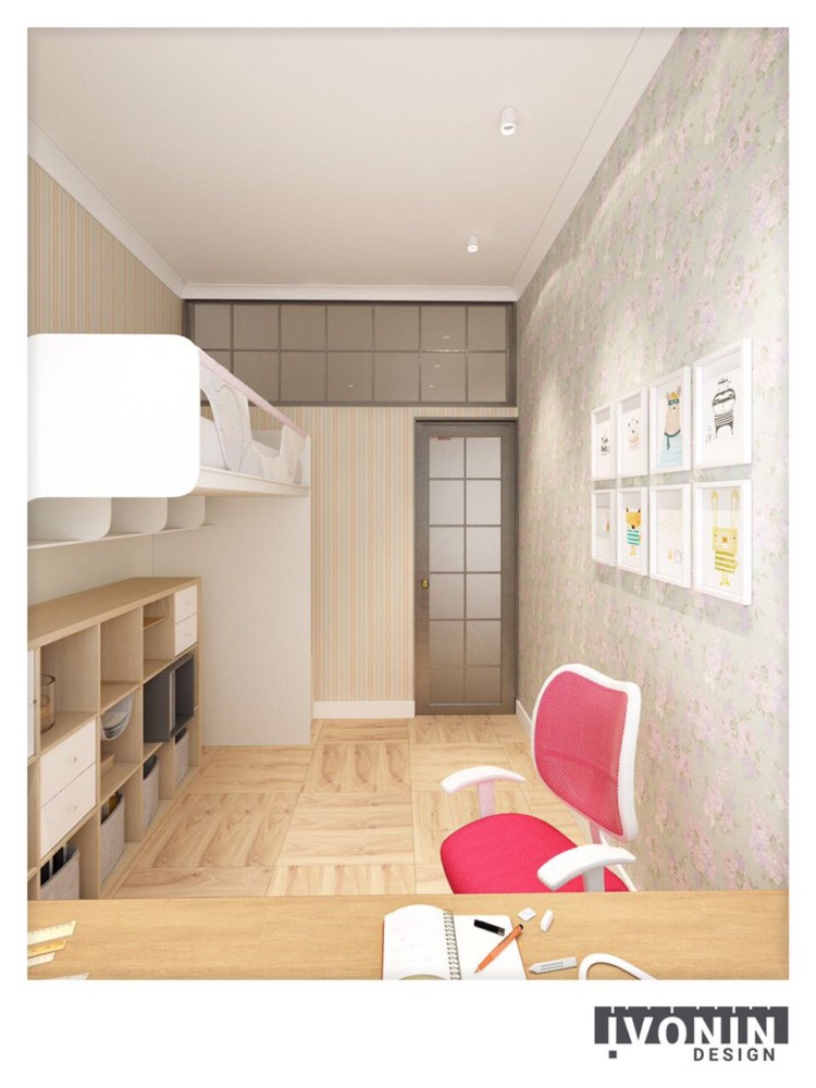 Сочетание различных текстур продолжается в оформлении детской комнаты. Яркие полосатые обои в комбинации с основными, серыми обоями квартиры, делают пространство спальни ярче и по-детски интереснее.  Благодаря благородным светло-бежевым фактурам, деревянного покрытия пола, в помещении визуально становится просторнее и светлее, возникает ощущение домашнего уюта и покоя.