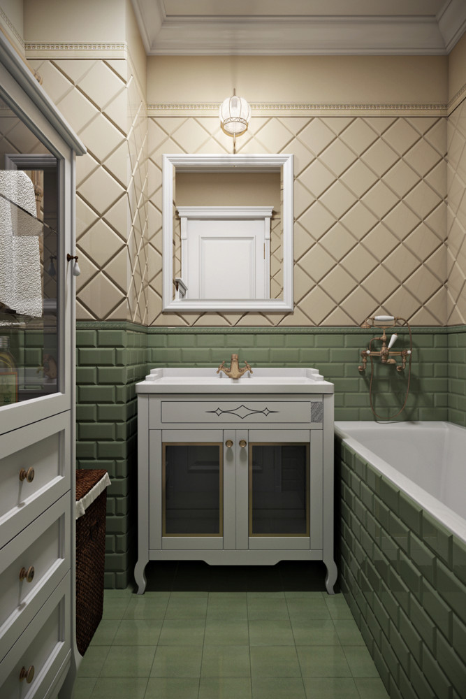 Ванная комната отделана мелкоформатной итальянской плиткой ванильного и фисташкового цвета.