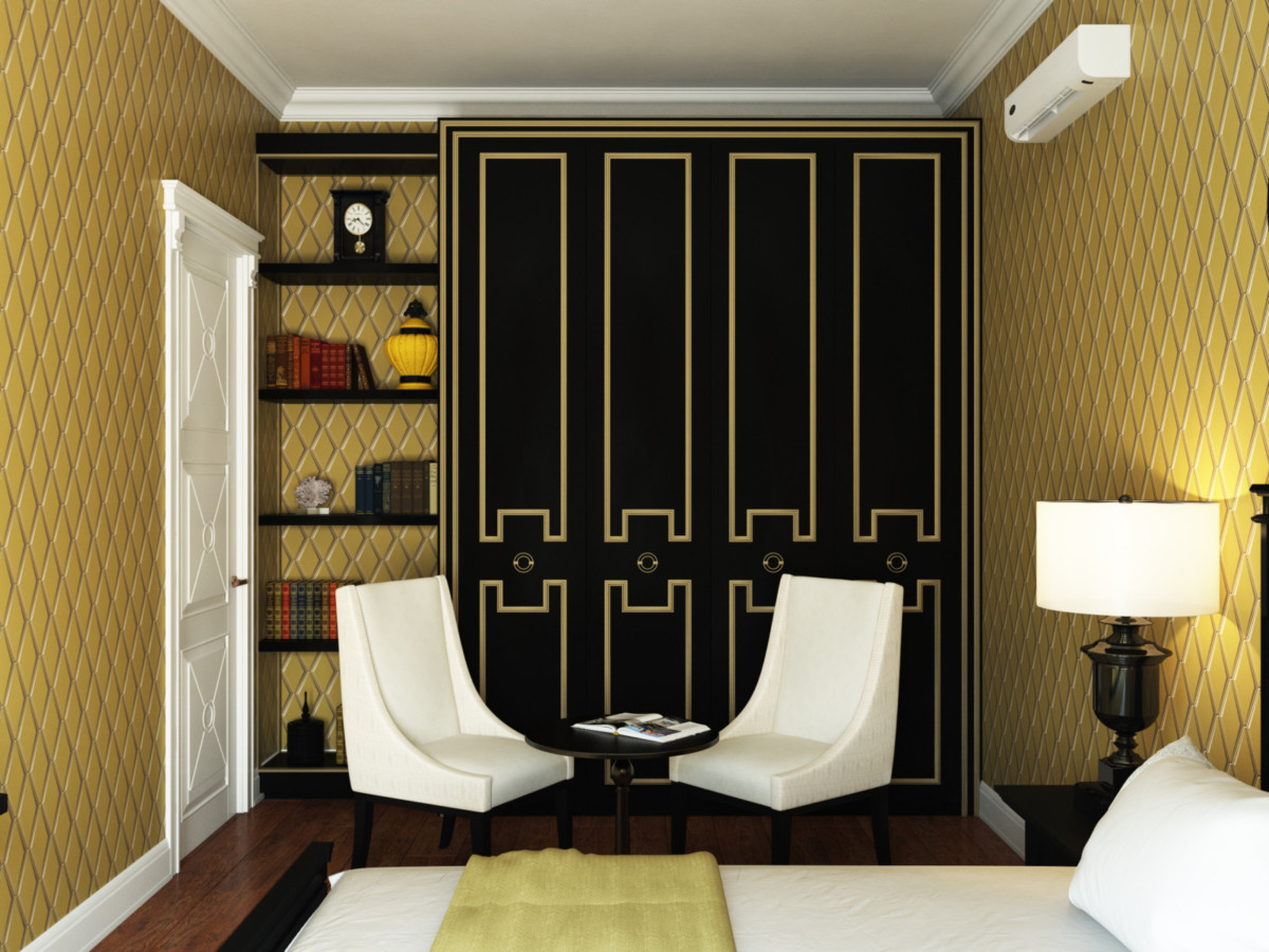 Спальня владельца дома решена в золотисто-чёрных тонах.
