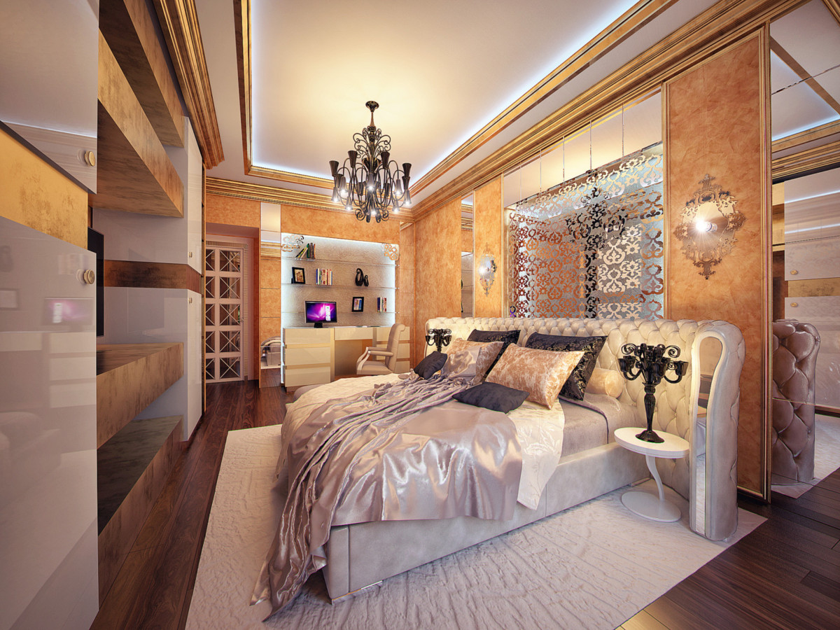 Гостевые спальни выполнены в более смелом контрастном дизайне с применением  стены из тонированного тёмного зеркала, роскошной гипсовой лепнины и эффектной мебели.