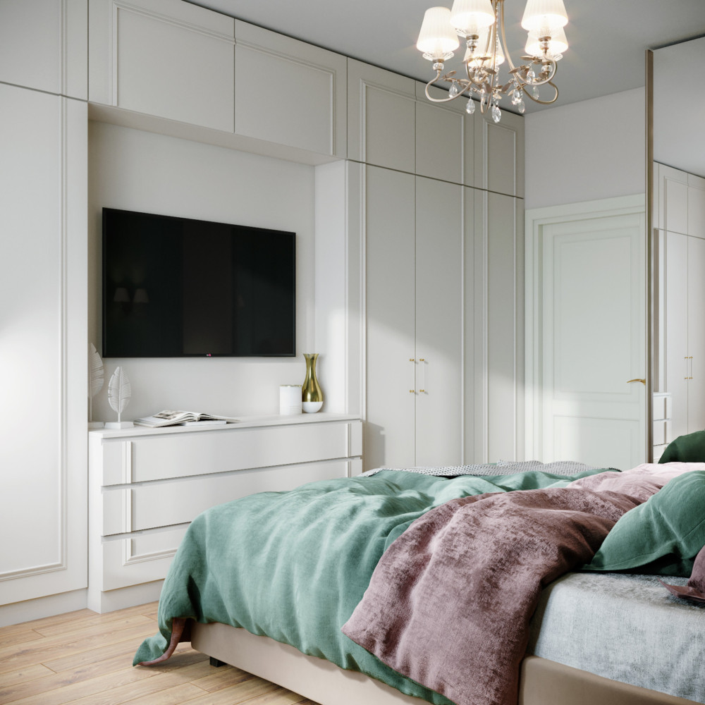 Спальная комната сделана в более сдержанных тонах и наиболее полно отражает стиль современной классики