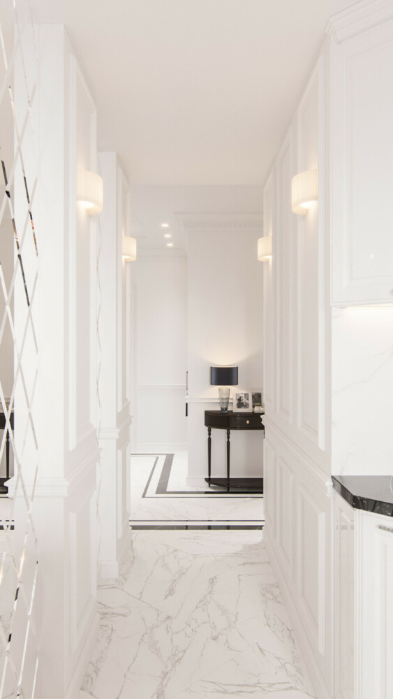 Входная группа и кухня объединены общим пространством - небольшим коридором, оформленным в классическом стиле с приватным освещением